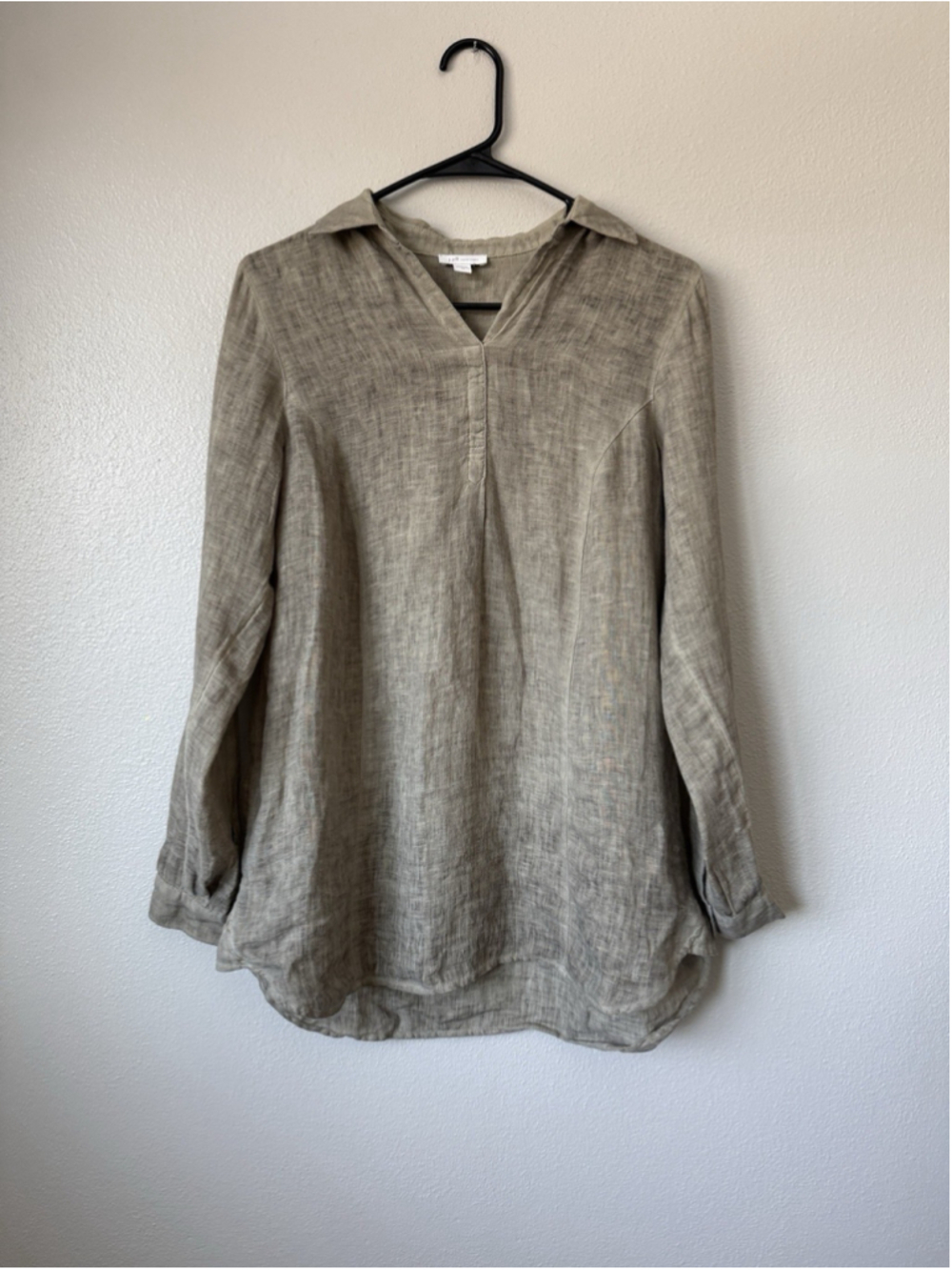 J Jill Love Linen Muted Green 100% Linen Collared V Neck Tunic Womens Size XS